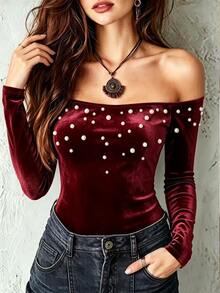 EMERY ROSE Women's Faux Pearl Decor Cold Shoulder Long Sleeve Fashion Elegant Sexy Bodysuit Night Out Burgundy Autumn Night Out - Red - View 4