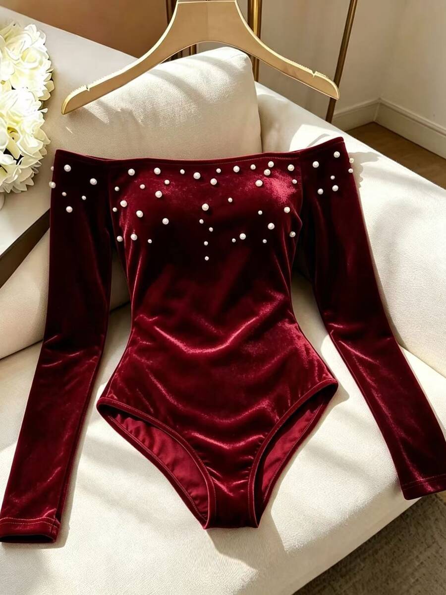 EMERY ROSE Women's Faux Pearl Decor Cold Shoulder Long Sleeve Fashion Elegant Sexy Bodysuit Night Out Burgundy Autumn Night Out - Red - View 1