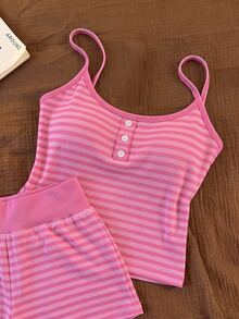 Franclia Women's Button Striped Camisole And Minimalist Shorts Set - Pink - View 4