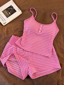 Franclia Women's Button Striped Camisole And Minimalist Shorts Set - Pink - View 1