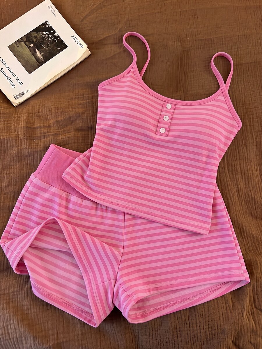 Franclia Women's Button Striped Camisole And Minimalist Shorts Set - Pink - View 1