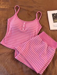 Franclia Women's Button Striped Camisole And Minimalist Shorts Set - Pink - View 2