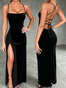 CHARMVALE New Black Velvet Spaghetti Strap Evening Dress Party Women Cross Back Tie-Up Sequin Slit Long Gown - Black - View 8