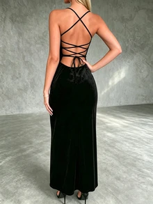 CHARMVALE New Black Velvet Spaghetti Strap Evening Dress Party Women Cross Back Tie-Up Sequin Slit Long Gown - Black - View 2