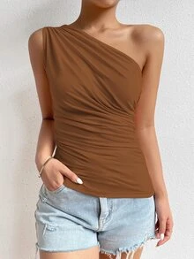 SHEIN 女士Y2K纯色褶皱无袖时尚露脐上衣 - 咖啡棕 - 查看 6