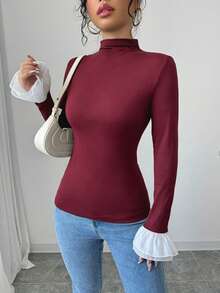 SHEIN 女款立領拼接撞色荷葉袖口修身時尚T恤 - 酒紅色 - 查看 4