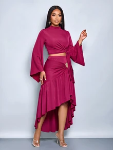 SOLERSUN Women's Mock Neck Wrap Tie Flare Sleeve Top & High Waist Ruched Asymmetrical Slit Mermaid Maxi Skirt Two Pieces Set - Burgundy - View 5