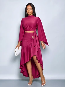 SOLERSUN Women's Mock Neck Wrap Tie Flare Sleeve Top & High Waist Ruched Asymmetrical Slit Mermaid Maxi Skirt Two Pieces Set - Burgundy - View 4