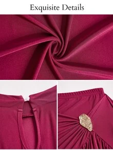 SOLERSUN Women's Mock Neck Wrap Tie Flare Sleeve Top & High Waist Ruched Asymmetrical Slit Mermaid Maxi Skirt Two Pieces Set - Burgundy - View 8