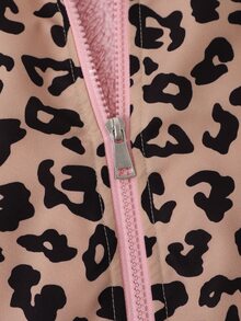 SHEIN 1件女童豹紋戶外旅行秋季抓絨內裡連帽拉鍊外套，個性豹紋，粉色抓絨帽內裡，彈性腰部設計，寬鬆長袖，日常穿著 - 彩色 - 查看 8