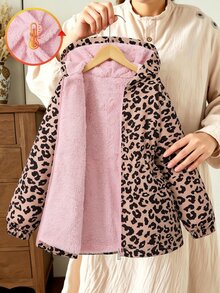 SHEIN 1件女童豹紋戶外旅行秋季抓絨內裡連帽拉鍊外套，個性豹紋，粉色抓絨帽內裡，彈性腰部設計，寬鬆長袖，日常穿著 - 彩色 - 查看 3