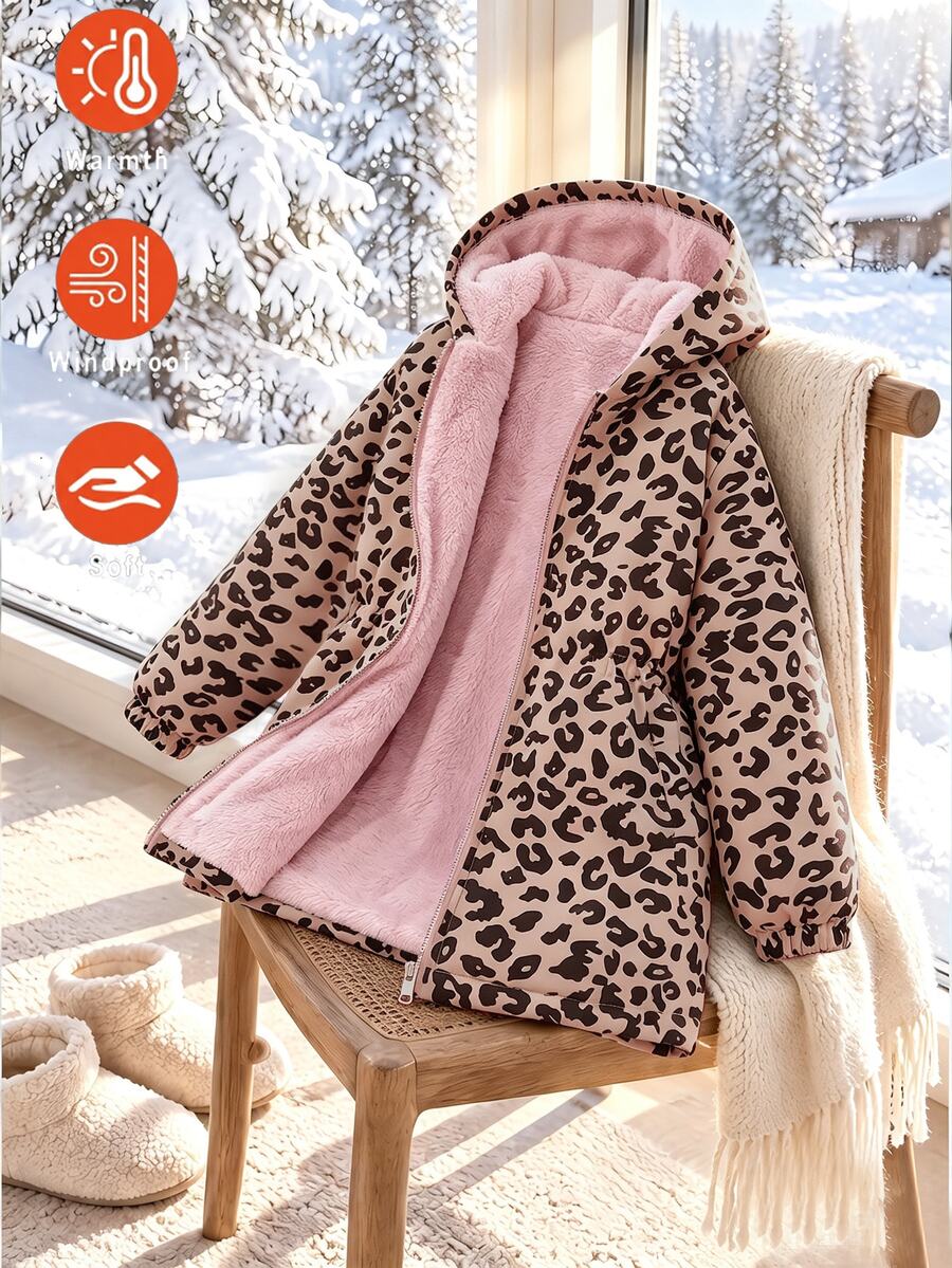 SHEIN 1件女童豹紋戶外旅行秋季抓絨內裡連帽拉鍊外套,個性豹紋,粉色抓絨帽內裡,彈性腰部設計,寬鬆長袖,日常穿著 - 彩色 - 查看 1