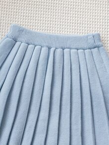 SHEIN Playful Pals 4-7歲女童粉色3D蝴蝶結圓領針織毛衣與百褶裙2件套，兒童幼兒園日常穿著、外出、生日、拍照，春/秋季套裝 - 藍色 - 查看 8