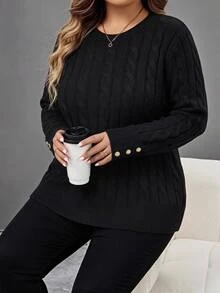 SHEIN CURVE+ Sweater Rajut Kabel Leher Bulat Putih Gaya Preppy Elegan Minimalis Wanita, Serbaguna, dengan Dekorasi Kancing, Pas Badan - Hitam - View 2