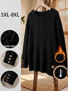 SHEIN CURVE+ Sweater Rajut Kabel Leher Bulat Putih Gaya Preppy Elegan Minimalis Wanita, Serbaguna, dengan Dekorasi Kancing, Pas Badan - Hitam - View 6