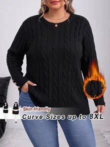 SHEIN CURVE+ Sweater Rajut Kabel Leher Bulat Putih Gaya Preppy Elegan Minimalis Wanita, Serbaguna, dengan Dekorasi Kancing, Pas Badan - Hitam - View 1