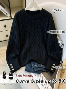 SHEIN CURVE+ Sweater Rajut Kabel Leher Bulat Putih Gaya Preppy Elegan Minimalis Wanita, Serbaguna, dengan Dekorasi Kancing, Pas Badan - Hitam - View 5