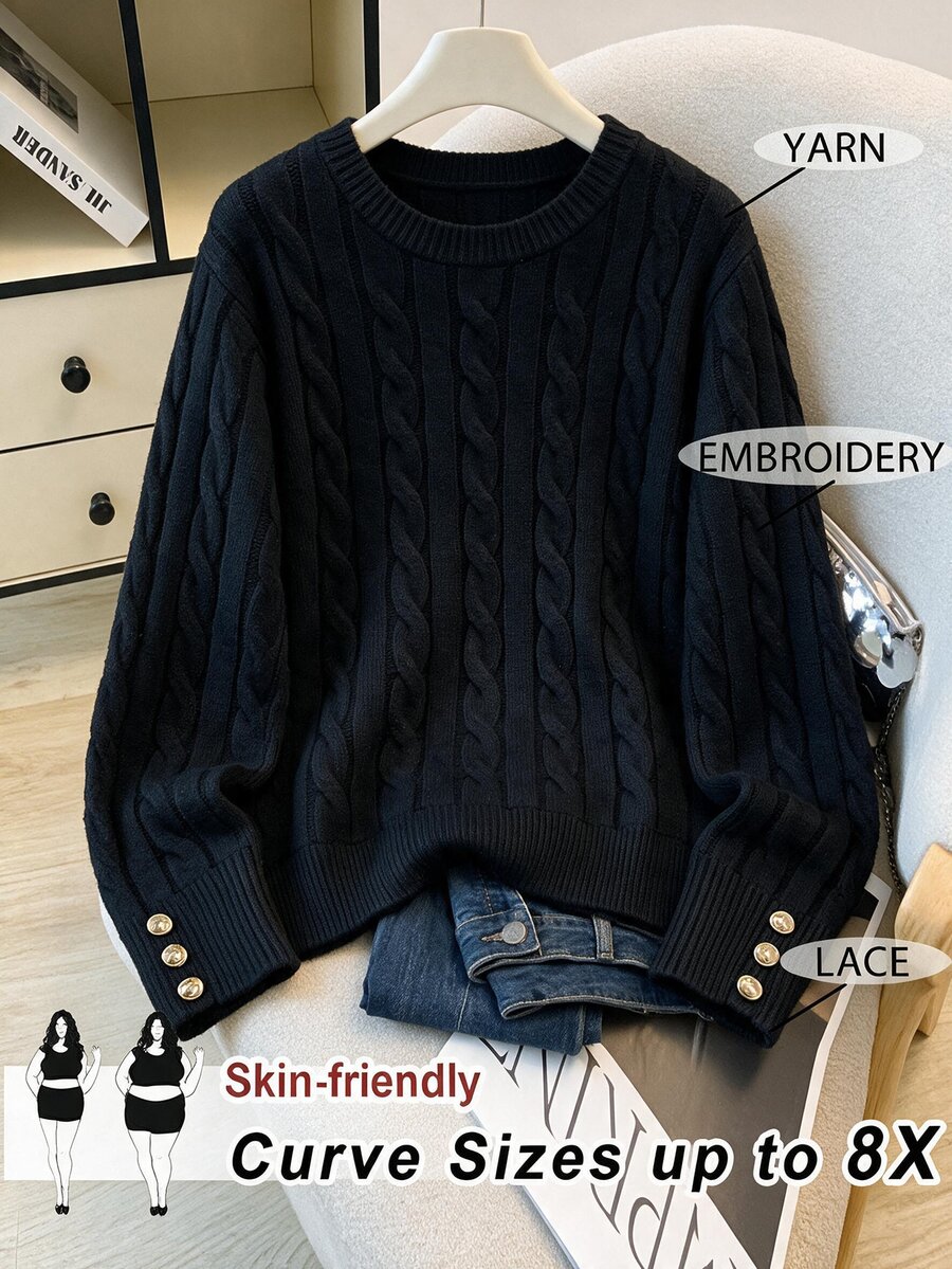 SHEIN CURVE+ 女款極簡優雅休閒學院風百搭白色圓領麻花編織鈕扣裝飾修身針織衫 - 黑色 - 查看 1