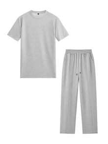 Manfinity Homme Men's Crew Neck Short Sleeve T-Shirt And Drawstring Waist Long Pants Casual Set - Grey - View 1