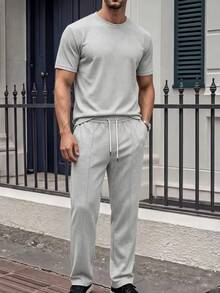 Manfinity Homme Men's Crew Neck Short Sleeve T-Shirt And Drawstring Waist Long Pants Casual Set - Grey - View 2