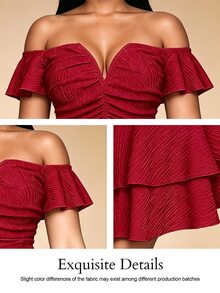 SOLERSUN Vestido mini elegante y de moda para mujer de talla grande con escote en V, hombros descubiertos, mangas con volantes y textura – Vestido de fiesta con mangas con volantes, Body ceñido fruncido y doble volante en el bajo para club & noche de cita, Vestido de fiesta para mujer con mangas con volantes, Body ceñido fruncido y doble volante en el bajo para club - Burdeos - Ver 8