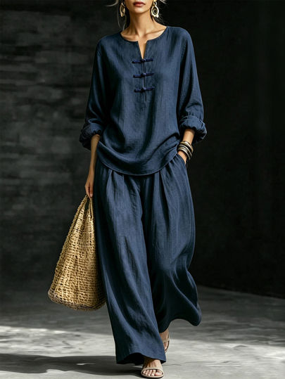 Trelyra Set Biru Dongker, Atasan Kancing Katak Buatan Tangan Bergaya Vintage, Potongan Bahu Jatuh Longgar. Dipadukan dengan Celana Panjang Lebar Warna Senada, Jatuh dan Nyaman, Santai dan Melangsingkan, Pakaian untuk Berpergian, Pakaian Kasual, Set Santai Wanita, Pakaian Musim Gugur/Dingin