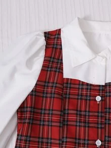 SHEIN 女童格紋拼接襯衫領泡泡長袖上衣 鬆緊腰百褶裙 學院風可愛 春秋冬 校園家庭裝 白色紅格 - 紅色 - 查看 9