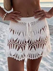 SHEIN Swim تنورة بغلاف كروشي وبربطة خصر - بيج - مشاهدة 8