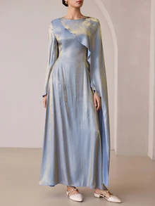 Graceveil Grey Blue Foil Asymmetrical Shawl Evening Party Dress - Gray Blue - View 5