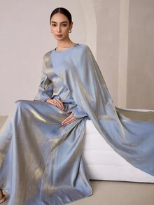 Graceveil Grey Blue Foil Asymmetrical Shawl Evening Party Dress - Gray Blue - View 7