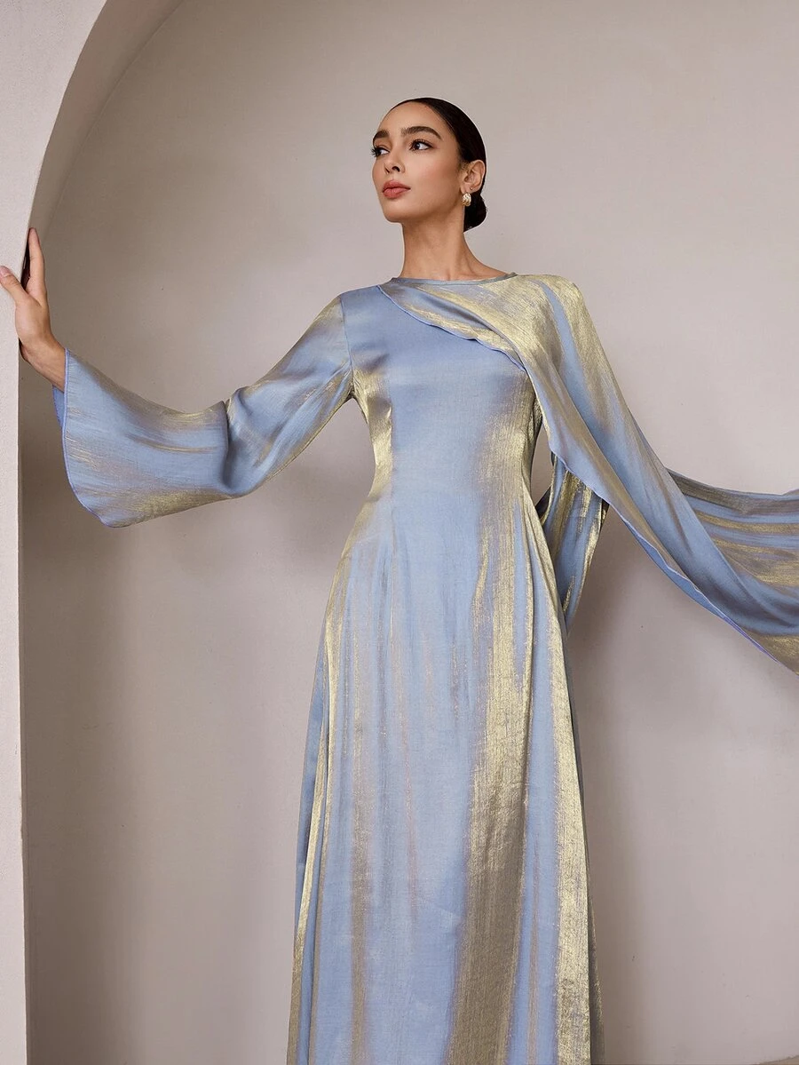 Graceveil Grey Blue Foil Asymmetrical Shawl Evening Party Dress