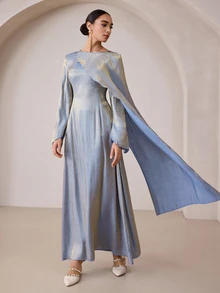 Graceveil Grey Blue Foil Asymmetrical Shawl Evening Party Dress - Gray Blue - View 8