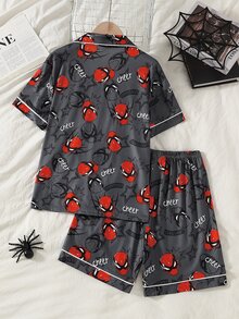 Tween Boys' Flame-Retardant Print Classic Collared Button-Up Pajama Set, White Trim, Navy Blue Base With Red Head And Star Pattern, Short Sleeve Top With Chest Pocket, Elastic Waist Shorts, Loungewear - Grey - View 5