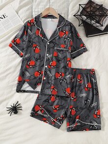 Tween Boys' Flame-Retardant Print Classic Collared Button-Up Pajama Set, White Trim, Navy Blue Base With Red Head And Star Pattern, Short Sleeve Top With Chest Pocket, Elastic Waist Shorts, Loungewear - Grey - View 2