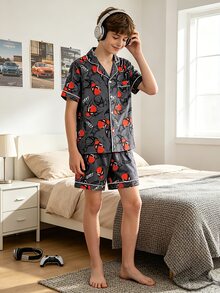 Tween Boys' Flame-Retardant Print Classic Collared Button-Up Pajama Set, White Trim, Navy Blue Base With Red Head And Star Pattern, Short Sleeve Top With Chest Pocket, Elastic Waist Shorts, Loungewear - Grey - View 6