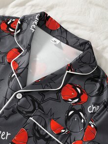 Tween Boys' Flame-Retardant Print Classic Collared Button-Up Pajama Set, White Trim, Navy Blue Base With Red Head And Star Pattern, Short Sleeve Top With Chest Pocket, Elastic Waist Shorts, Loungewear - Grey - View 3