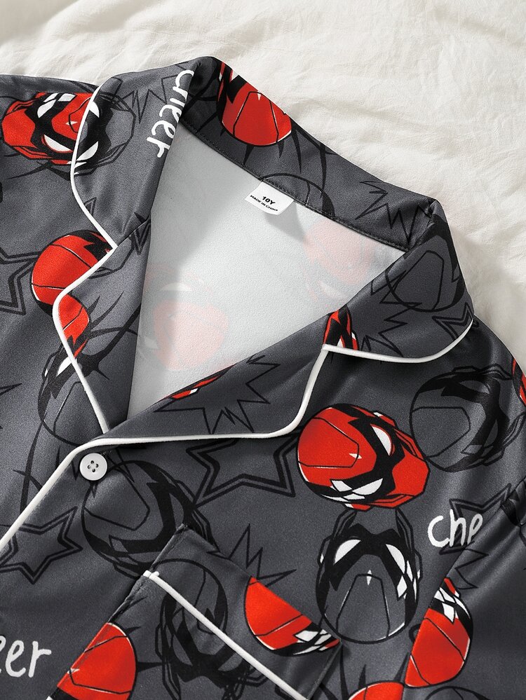 Tween Boys' Flame-Retardant Print Classic Collared Button-Up Pajama Set, White Trim, Navy Blue Base With Red Head And Star Pattern, Short Sleeve Top With Chest Pocket, Elastic Waist Shorts, Loungewear - Grey - View 3