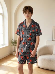 Tween Boys' Flame-Retardant Print Classic Collared Button-Up Pajama Set, White Trim, Navy Blue Base With Red Head And Star Pattern, Short Sleeve Top With Chest Pocket, Elastic Waist Shorts, Loungewear - Grey - View 4