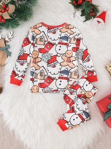 Cozy Pixies 嬰兒男孩女孩貼身舒適睡衣套裝，聖誕馴鹿、聖誕老人、松鼠、聖誕紅動物圖案，針織柔軟圓領長袖套頭上衣，鬆緊腰長褲，2件套 - 紅白色 - 查看 2