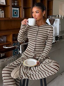 Muchica Women's Brown Stripe Knit Two Pieces Set, Textured Long Sleeve Button Top Wide Leg Pants, Vintage Retro Vintage 70s Casual Autumn Lounge Outfit Brunch - Multicolor - View 4