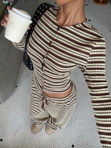 Muchica Women's Brown Stripe Knit Two Pieces Set, Textured Long Sleeve Button Top Wide Leg Pants, Vintage Retro Vintage 70s Casual Autumn Lounge Outfit Brunch - Multicolor - View 3