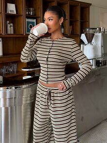 Muchica Women's Brown Stripe Knit Two Pieces Set, Textured Long Sleeve Button Top Wide Leg Pants, Vintage Retro Vintage 70s Casual Autumn Lounge Outfit Brunch - Multicolor - View 5
