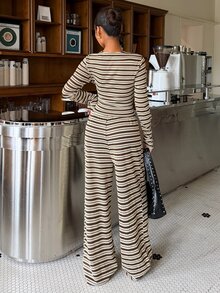 Muchica Women's Brown Stripe Knit Two Pieces Set, Textured Long Sleeve Button Top Wide Leg Pants, Vintage Retro Vintage 70s Casual Autumn Lounge Outfit Brunch - Multicolor - View 2