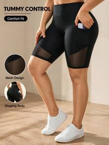 Rhythm Era Women's Plus Size Yoga Sports Shorts With Pockets And Mesh Patchwork - Black - View 1