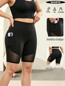 Rhythm Era Women's Plus Size Yoga Sports Shorts With Pockets And Mesh Patchwork - Black - View 3