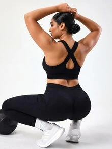 Velisys Velisys 2pcs Seamless Solid Color Wide Strap Sports Bra, Designed For Plus Size Women - Black - View 8