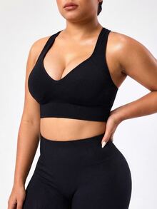 Velisys Velisys 2pcs Seamless Solid Color Wide Strap Sports Bra, Designed For Plus Size Women - Black - View 5