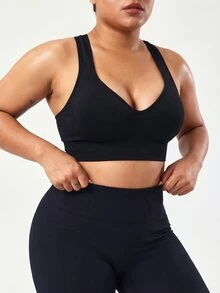 Velisys Velisys 2pcs Seamless Solid Color Wide Strap Sports Bra, Designed For Plus Size Women - Black - View 7