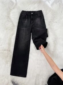 SHEIN 青少年男孩秋冬基礎款黑色刷毛內裡保暖寬鬆牛仔長褲 - 黑色 - 查看 3