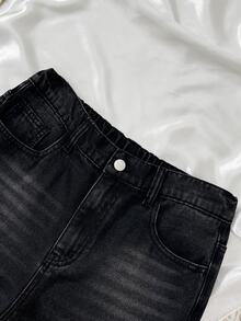 SHEIN 青少年男孩秋冬基礎款黑色刷毛內裡保暖寬鬆牛仔長褲 - 黑色 - 查看 4